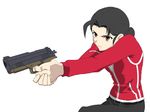  428 black_hair canaan cocked_hammer finger_on_trigger gun handgun hetare_(hetaheta) holding holding_gun holding_weapon left_4_dead parody pistol red_eyes solo weapon zoey_(left4dead) 