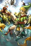  1girl bird blonde_hair blue_eyes chicken gloves helmet imp link midna muse_(rainforest) red_eyes smile teleport the_legend_of_zelda the_legend_of_zelda:_twilight_princess 