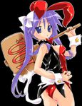  animal_ears ass bare_legs blue_eyes bunny_ears bunnysuit food highres hiiragi_kagami long_hair looking_back lucky_star mallet mochi nyanmilla purple_hair solo twintails vest wagashi 