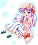  :o bow crescent hair_bow hat long_hair mamedenkyuu_(berun) mary_janes patchouli_knowledge purple_eyes purple_hair robe shoes solo striped touhou 