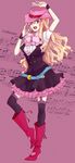  akieru_nomaki blonde_hair blue_eyes boots cowboy_boots cowboy_hat full_body hat highres long_hair macross macross_frontier macross_frontier:_itsuwari_no_utahime ribbon sheryl_nome skirt solo standing thighhighs western 