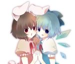  animal_ears bad_id bad_pixiv_id blue_eyes blue_hair bow brown_hair bunny_ears cirno hair_bow inaba_tewi multiple_girls red_eyes rinran short_hair touhou wings 