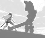  cape colossus epic gaius giant greyscale iseki_(kuroshura_no_tabiji) male_focus monochrome shadow_of_the_colossus short_hair surcoat sword wander weapon 