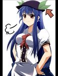  blue_hair bow breast_padding directional_arrow hands_on_hips hat hinanawi_tenshi letterboxed long_hair red_eyes shin'ya_(nanp) solo touhou 