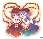  :&lt; blue_hair capelet chibi closed_eyes food frills fruit hat hinanawi_tenshi hug kirero leaf multiple_girls nagae_iku peach red_eyes shawl touhou 