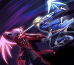  bad_id bad_pixiv_id battle black_hakama black_pants blazblue blonde_hair blue_footwear boots duel hakama japanese_clothes jin_kisaragi male_focus mono_(sa) multiple_boys pants ragna_the_bloodedge silver_hair sword weapon yukianesa 