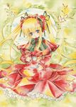  blonde_hair blue_eyes chinako cup dress hair_ribbon hairband long_hair nib_pen_(medium) ribbon rozen_maiden saucer shinku solo teacup traditional_media twintails watercolor_(medium) 