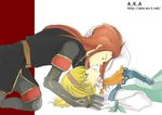  1girl all_fours asch blonde_hair blue_eyes couple gloves hairband hand_on_head hetero holding_hands long_hair lowres lying natalia_luzu_kimlasca_lanvaldear on_back red_hair tales_of_(series) tales_of_the_abyss 