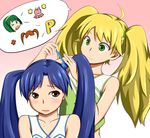  ahoge blonde_hair blue_hair blush brown_eyes cheerleader green_eyes green_hair hairband headset hoshii_miki idolmaster idolmaster_(classic) kisaragi_chihaya long_hair microphone multiple_girls otonashi_kotori pom_poms st_rx twintails 