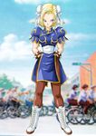  absurdres android_18 blonde_hair boots bracelet bun_cover china_dress chinese_clothes chun-li chun-li_(cosplay) cosplay deka_master double_bun dragon_ball dragon_ball_z dress earrings fusion highres jewelry pantyhose pelvic_curtain sash solo spiked_bracelet spikes street_fighter 