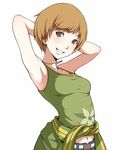  armpits arms_up brown_eyes brown_hair grin ina_(gokihoihoi) navel persona persona_4 satonaka_chie shirt short_hair smile solo tank_top tied_shirt 