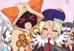  &gt;_&lt; animal_ears banpaiyu blazblue blonde_hair cat_ears closed_eyes eyepatch gloves hat highres litchi_faye_ling lucky_star marker_(medium) motteke!_serafuku multiple_girls necktie noel_vermillion nu-13 parody signature taokaka traditional_media white_hair 