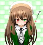  blush brown_hair desu dress heterochromia highres long_hair maeda_kousuke rozen_maiden solo suiseiseki 