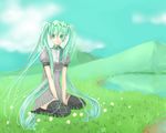  bad_id bad_pixiv_id coma_(fginiy) field grass green_eyes green_hair hatsune_miku lack long_hair mountain solo thighhighs twintails vocaloid 