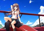  aircraft airplane biplane blue_eyes boots brown_hair cloud day hand_behind_head ike_masato long_hair open_mouth original shorts sitting sky smile solo 