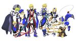  4boys blazblue blonde_hair blue_eyes blue_footwear boots bridget_(guilty_gear) carl_clover child color_connection green_eyes guilty_gear gun hair_color_connection handgun highres jin_kisaragi ky_kiske long_hair look-alike marionette millia_rage multiple_boys multiple_girls noel_vermillion noran otoko_no_ko puppet sword tabard thighhighs uniform very_long_hair weapon yo-yo yukianesa 