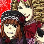  angry bad_id bad_pixiv_id bangs blue_eyes blunt_bangs bow drill_hair elina_kuroe_no_daarin eva_beatrice flower gaap hat lipstick lowres makeup multiple_girls parted_bangs red_lipstick rose short_hair silk spider_web sweatdrop tongue tongue_out umineko_no_naku_koro_ni ushiromiya_eva 