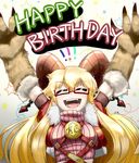  arms_up bad_id bad_pixiv_id baphomet_(monster_girl_encyclopedia) blonde_hair claws closed_eyes demon_girl demon_horns facing_viewer fangs glasses happy_birthday horns j.k. kenkou_cross_baphomet long_hair monster_girl_encyclopedia open_mouth semi-rimless_eyewear solo under-rim_eyewear upper_body very_long_hair 