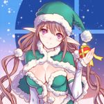  box breasts brown_hair capelet christmas cleavage detached_sleeves gift gift_box green_santa_costume hat head_tilt highres large_breasts long_hair looking_at_viewer low_twintails midriff p-kana pointy_ears purple_eyes rinna_mayfield santa_costume santa_hat scrunchie shining_(series) shining_resonance smile solo star twintails upper_body 