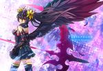 bare_shoulders black_hair black_legwear black_wings character_name copyright_name feathered_wings feathers flower gauntlets hair_flower hair_ornament long_hair looking_back persephone_(p&amp;d) purple_eyes puzzle_&amp;_dragons scythe skirt solo sud_(sudea) thighhighs twintails weapon wings zettai_ryouiki 