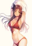  armpits arms_up bikini blush breasts brown_hair cleavage fate/stay_night fate_(series) front-tie_top furikawa_arika green_eyes hair_ribbon long_hair medium_breasts navel red_bikini ribbon simple_background solo swimsuit toosaka_rin two_side_up undressing white_background 