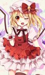  ;o alternate_costume blush bow fang flandre_scarlet hat hat_bow one_eye_closed open_mouth side_ponytail solo touhou wings wrist_cuffs yuria_(kittyluv) 