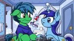  2015 bathroom blue_eyes blue_hair brown_eyes colgate_(mlp) cutie_mark duo equine fan_character female friendship_is_magic glowing hair horn horse latecustomer levitation magic mammal my_little_pony pony sparkles toothbrush toothpaste towel two_tone_hair unicorn white_hair 