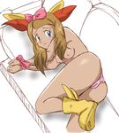  bdsm blue_eyes blush bondage boots bound bound_wrists bow breasts brown_hair cameltoe couch embarrassed erect_nipples fennekin_(cosplay) hair_bow hair_ornament helpless long_hair looking_at_viewer nipples on_side panties pink_panties pokemon pokemon_(anime) pokemon_xy serena_(pokemon) small_breasts tears tomo1003 topless underwear 