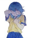  aqua_hair clenched_teeth inazuma_eleven_(series) inazuma_eleven_go kariya_masaki long_hair male_focus raimon raimon_soccer_uniform riho soccer_uniform solo sportswear tears teeth white_background 