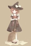  absurdres blush braid broom brown_eyes brown_hair center dress freckles hair_over_shoulder hat highres long_hair no_socks original ribbon solo twin_braids twintails witch witch_hat 