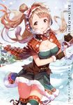  77gl :d absurdres breasts brown_hair capelet character_name cleavage cleavage_cutout cowboy_shot dress earmuffs green_legwear hairband heart highres large_breasts long_hair love_live! love_live!_school_idol_project minami_kotori open_mouth smile snow standing striped striped_legwear thigh_gap thighhighs underbust vertical-striped_legwear vertical_stripes 