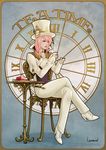  1girl cake cravat final_fantasy final_fantasy_xiii food heels high_heels lightning_farron lightning_returns:_final_fantasy_xiii lowenael pink_hair sitting solo steampunk table teacup top_hat 