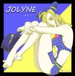  bad_id bad_twitter_id black_border blonde_hair blue_hair border borrowed_garments braid breasts character_name double_bun halter_top halterneck hat hat_removed headwear_removed holding holding_hat jojo_no_kimyou_na_bouken kuujou_jolyne lipstick makeup medium_breasts mi-jojo-sa miniskirt multicolored_hair no_shoes one_eye_covered outside_border sideboob skirt solo stone_ocean twitter_username two-tone_hair underboob yellow_eyes yellow_lipstick 