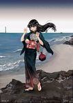  beach black_hair black_kimono blush full_body hair_ornament highres japanese_clothes kimono lighthouse long_hair looking_at_viewer nanase_miri ocean open_mouth original sandals solo water_balloon 