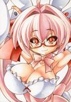  animal_ears bespectacled bow breasts bunny_ears cleavage colored_pencil_(medium) di_gi_charat dice dice_hair_ornament dress glasses hair_bow hair_ornament large_breasts marker_(medium) millipen_(medium) pink_dress pink_hair red-framed_eyewear red_eyes shirt simple_background slit_pupils smirk solo traditional_media twintails uneven_eyes upper_body usada_hikaru white_background yutakasan-love 