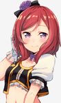  bad_id bad_twitter_id blush bow flower gloves hair_bow hair_flower hair_ornament haruken looking_at_viewer love_live! love_live!_school_idol_project midriff navel nishikino_maki no_brand_girls purple_eyes red_hair short_hair smile solo white_gloves 