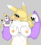  anthro black_nose blue_eyes blush breasts canine claws digimon female fox fur glass looking_at_viewer mammal nipples on_glass renamon retsuo solo sweat 