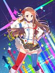  :d blush brown_eyes brown_hair character_name flower hair_flower hair_ornament hand_on_hip idolmaster idolmaster_(classic) idolmaster_movie long_hair minase_iori open_mouth red_eyes redrop skirt smile solo starpiece_memories thighhighs v 