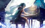  achyue aqua_hair bass_clef beamed_eighth_notes closed_eyes dress eighth_note glowing hair_ribbon half_note hatsune_miku instrument long_hair minigirl music musical_note piano playing_instrument playing_piano revision ribbon sitting sixteenth_note solo treble_clef twintails very_long_hair vocaloid 