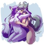  2015 animal_ears anthro ayumi blush breast_grab breasts canine eyes_closed female female/female fox fur grey_hair hair invalid_tag kami kami-chan kneeling long_hair mammal multicolored_hair nipples purple_fur purple_hair simple_background smile white_fur whitephox wide_hips wolf 