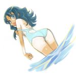 ass blue_eyes blue_hair casual_one-piece_swimsuit dutch_angle from_behind from_below heartcatch_precure! kurumi_erika looking_at_viewer looking_back mashiko_hiromi one-piece_swimsuit precure solo strap_slip swimsuit tan tanline 