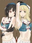  armpits arms_up atago_(kantai_collection) black_gloves blonde_hair blue_eyes breast_hold breasts choukai_(kantai_collection) choukai_(kantai_collection)_(cosplay) cleavage cosplay crop_top fine_art_parody gloves hair_between_eyes highres kantai_collection kurorichin long_hair looking_at_viewer maya_(kantai_collection) maya_(kantai_collection)_(cosplay) medium_breasts midriff multiple_girls navel open_mouth parody red_eyes ryuujou_(kantai_collection) short_hair sideboob takao_(kantai_collection) the_scream 