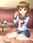  :d anchor_symbol bangs barefoot black_skirt blouse blush bowl brown_eyes brown_hair chabudai_(table) chopsticks cushion feeding folded_ponytail food highres inazuma_(kantai_collection) indoors kantai_collection kyamu_(qqea92z9n) long_hair long_sleeves looking_at_viewer neckerchief omelet open_hand open_mouth plate pleated_skirt pov_feeding revision rice rice_bowl sailor_collar school_uniform serafuku sidelocks sitting skirt sleeves_folded_up smile solo table tamagoyaki wainscoting wariza white_blouse wooden_floor zabuton 