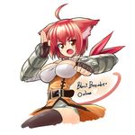  ahoge animal_ears armor belt breasts butter-t cat_ears clenched_hand fang fighting_stance fingerless_gloves gloves large_breasts open_mouth orange_eyes red_hair short_hair solo thighhighs vambraces 