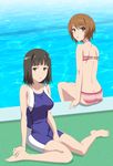  back barefoot black_hair bodysuit breasts brown_eyes brown_hair butt_crack competition_swimsuit highres kinuhata_saiai large_breasts long_legs looking_at_viewer looking_back multiple_girls one-piece_swimsuit pool poolside purple_eyes short_hair sitting smile_(rz) swimsuit takitsubo_rikou to_aru_kagaku_no_railgun to_aru_majutsu_no_index wariza water 