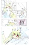  1boy 1girl :d animal_ears barikiosu blonde_hair comic fang fox_ears fox_girl fox_tail highres hug letter long_hair multiple_tails nail open_mouth original red_eyes scratches smile spoken_ellipsis tail torii translated voodoo_doll waraningyou yandere 