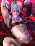  1boy abs armpits arms_behind_head blue_eyes coat dante_(devil_may_cry) devil_may_cry looking_at_viewer male_focus navel open_clothes open_coat petals red red_coat sakimichan short_hair smile solo uncensored unzipped upper_body white_hair 