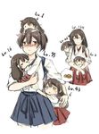  =_= akagi_(kantai_collection) blue_skirt blush brown_eyes brown_hair japanese_clothes kaga_(kantai_collection) kantai_collection long_hair multiple_girls multiple_persona nose_blush on_head person_on_head pleated_skirt ponytail red_skirt sayo_(asahisayo) short_hair side_ponytail simple_background sketch skirt smile white_background younger 