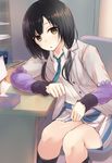  bad_id bad_pixiv_id bangs black_hair black_legwear blue_neckwear desk eyebrows_visible_through_hair frilled_sleeves frills green_eyes hair_tie highres indoors kneehighs layered_sleeves legs_together lifted_by_self long_hair looking_at_viewer low_twintails necktie on_chair open_mouth pencil shirobako shirt sitting skirt skirt_lift solo tissue_box tsuzuri_(itosousou) twintails white_shirt yasuhara_ema 