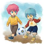  aqua_hair ball blue_eyes inazuma_eleven_(series) inazuma_eleven_go kariya_masaki kirino_ranmaru lightning_bolt male_focus multiple_boys pink_hair riho soccer soccer_ball star telstar yellow_eyes younger 